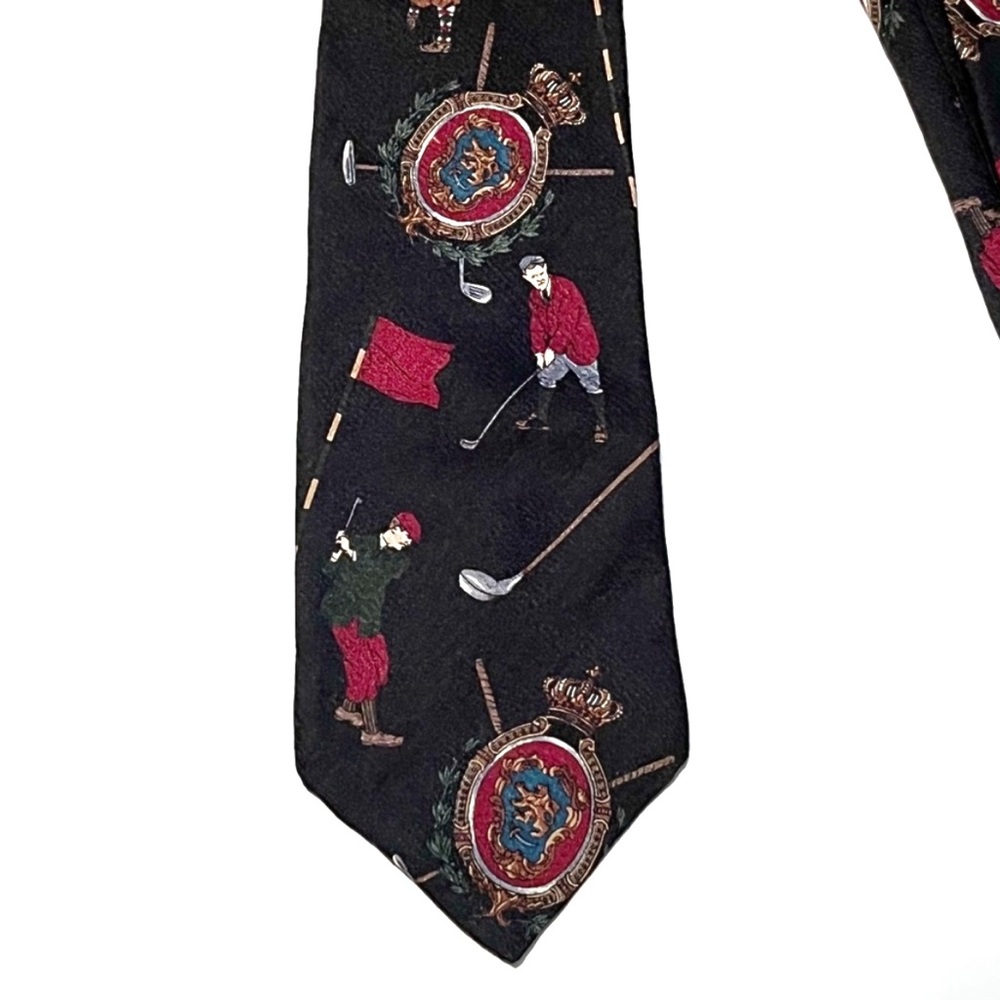 Vintage 100% Silk Golf Neck Tie Gant Black Red Green Golf Clubs Players Father